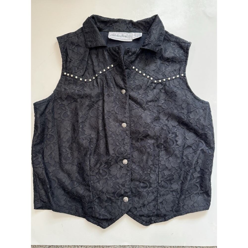 Vintage Adobe Rose Black Floral Lace Vest Studs Western Festival Women's Large